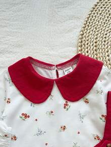 2pcs Baby Girls' Comfortable Casual Red Collar Cute Print Long Sleeve Top And Matching Red Suspender Skirt Dress Set, Versatile Countryside Style, Suitable For Spring/Autumn, Daily Wear, Home, Outdoor, Travel, School