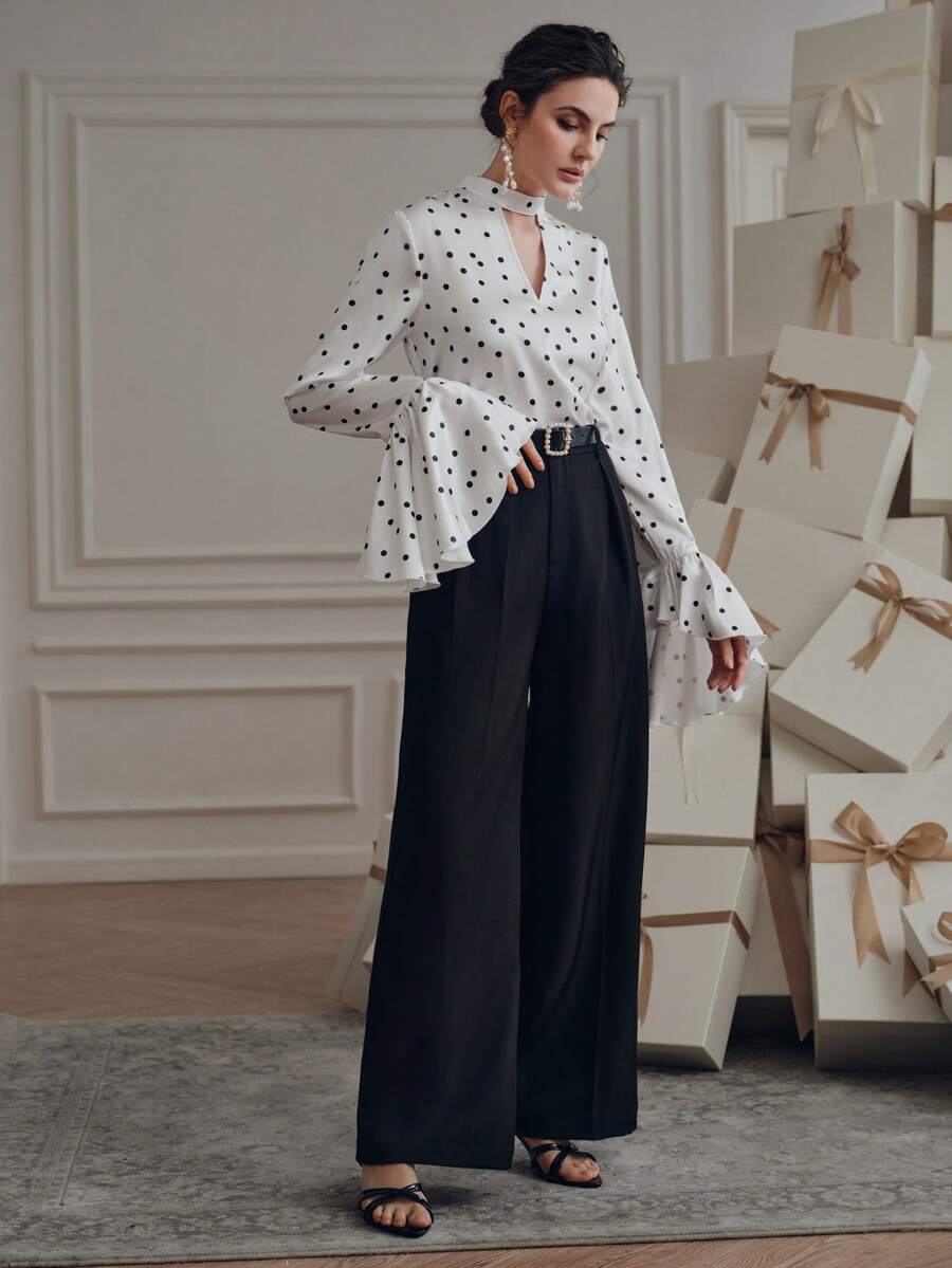 Anewsta Women's White V-Neck Elegant Pullover Flare Sleeve Blouse, Suitable For Spring/Summer, Holidays, Valentine's Day, Parties, Polka Dot Shirt Top - Black and White - View 1