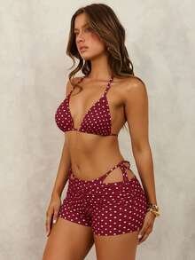 Swim Vcay Summer New Beach Vacation Party Afternoon Tea Polka Dot Print Micro Triangle Side Tie Ruched 3 PiecesWomen Swimsuit Set Red Birthday  Christmas Red Polka Dot Bikini Bathing Suit Search Bikini Polka Dot Bikini Polka Dot Bathing Suit