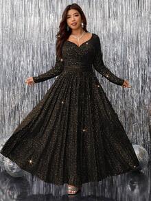 Ellevyn Vestido de manga larga con cuello de corazón, cintura ceñida y bajo con abertura brillante, talla grande - Dorado - Ver 5