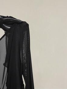 SHEIN ICON Bộ đồ liền thân lưới mỏng cổ chữ V sâu viền bèo nhún cho nữ - màu đen - Xem 11