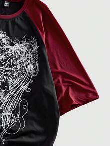 ROMWE MEN Goth Áo thun tay lỡ họa tiết chữ thập và cánh phong cách Punk đường phố thời trang thường ngày mùa hè cho nam - màu đen - Xem 3