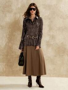 SHEIN Unity 女士优雅高端花卉装饰纽扣纹理休闲时尚开襟长袖衬衫，冬季 - 深灰色 - 查看 3