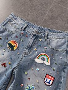 ROMWE MEN 男士水钻装饰贴袋休闲牛仔短裤 - 藍色 - 查看 4