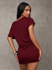 SHEIN BAE 夏季不对称领口连衣裙/棕色迷你裙，适合派对/海滩度假/夏季旅行/海岛度假/女士生日礼服 - 酒紅色 - 查看 2