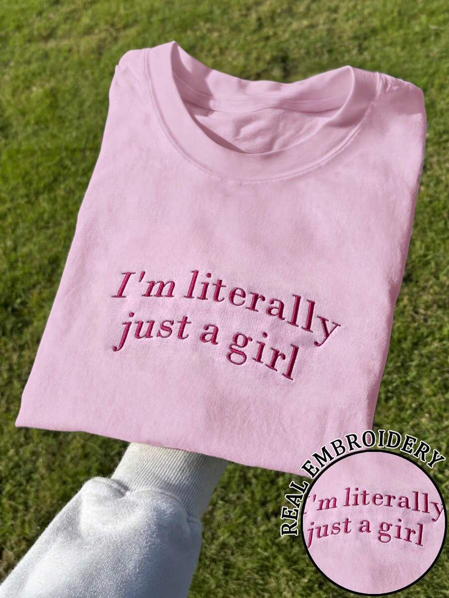 EMERY ROSE 女士标语刺绣圆领短袖休闲百搭T恤 - 粉色 - 查看 1