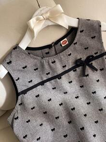 Elladie kids 少女优雅甜美蝴蝶结及3D立体花朵装饰无袖褶裥下摆休闲灰色连衣裙 - 灰色 - 查看 3