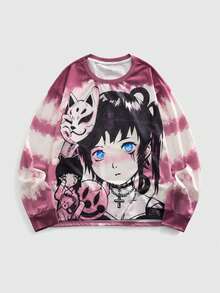 ROMWE MEN Modern Distinctive Pastel Goth Anime Subculture Cool Graphic Sweatshirt - Pink - View 1