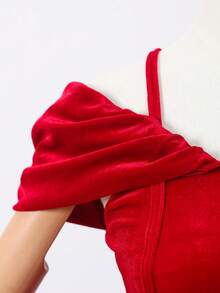 SHEIN 少女优雅红色V领无袖褶皱喇叭迷你连衣裙，适合家庭聚会、派对和日常穿着 - 紅色 - 查看 4