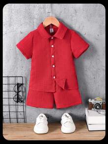 SHEIN 男童纯色 Polo 领衬衫搭配短裤套装，夏季 - 紅色 - 查看 4