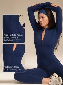 GLOWMODE 24英寸 FeatherFit™-Air Glow Giver 柔软透气吸汗前拉链罗纹侧边拼接塑形缝线拇指孔深V露背缝线可拆卸胸垫长袖连体裤低冲击日常运动服秋冬 - Dark Blue - 查看 6