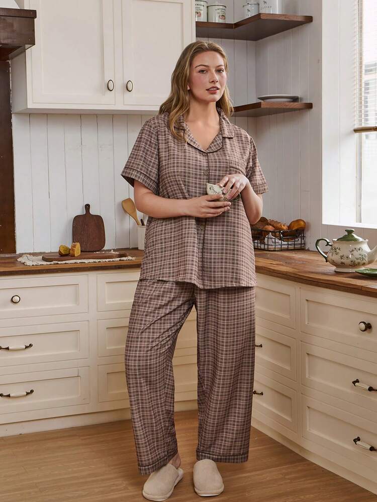 SHEIN Doze Lane Plus Size Plaid Collar Cardigan & Bubble Chiffon Pajama Set Brown Pajama Set Women's Lounge Wear Sets Sleep Wear Women Button Front Brown Pj Set Button Down Pajamas For Women - Brown - View 4