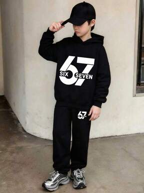 1 Set Boys' Casual Funny "67" Digit Print Long Sleeve Hoodie + Sweatpants, Street Style, Comfortable Outfit For Outdoor And Sports, Autumn/Winter