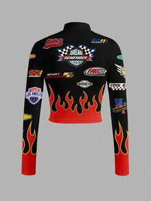 Slaydiva 简约休闲女式秋冬弹力半领拉链夹克，Y2K街头风外出摩托车圆领印花长袖半领拉链夹克 - 彩色 - 查看 2