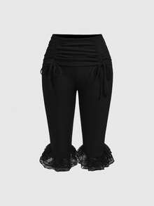 ROMWE Goth Women's Low Waist Drawstring Waist Lace Trim Bermuda Shorts - Black - View 1