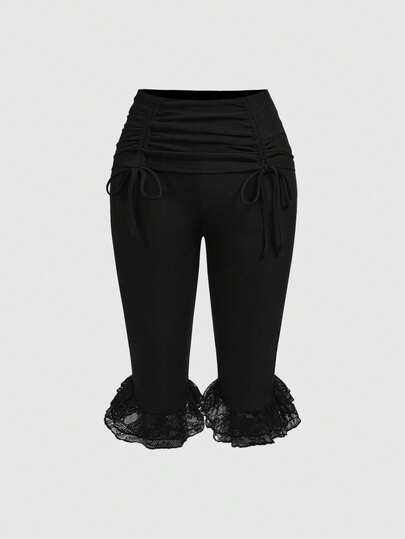 ROMWE Goth Bermudas de mujer con cintura baja y cordón, con ribete de encaje