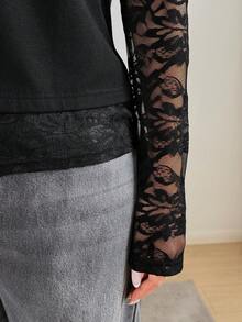 Easowa 圆领蕾丝拼接二合一长袖套头T恤，休闲宽松优雅通勤复古风女装，2025秋冬新款极简主义冬季女式黑色纯色不对称下摆撞色蕾丝优雅T恤缎面蕾丝黑色T恤 - 黑色 - 查看 6