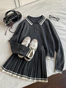 SHEIN Unity Suéter feminino de lã com gola alta e mangas compridas, estilo retrô universitário, casual e confortável para uso diário, volta às aulas, chá da tarde e outono. - Cinza escuro - Ver 7