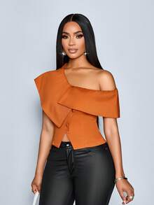 SOLERSUN 女士优雅复古办公室商务休闲不对称单排扣衬衫，适合派对和约会休闲度假优雅派对复古时尚简约极简主义新品百搭不对称紧身修身万圣节节日冬季女士感恩节女士返校节教师 - 鏽棕色 - 查看 3