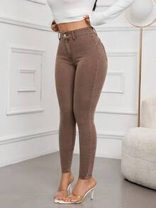 SHEIN Essnce 女士高腰口袋修身休闲百搭牛仔裤 - 咖啡棕 - 查看 5