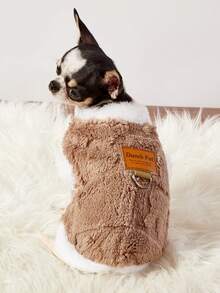 PETSIN 1件棕色格纹兔子毛绒宠物背心带牵引扣秋冬季双面毛绒加厚保暖衣服适合幼宠 - 棕色 - 查看 4