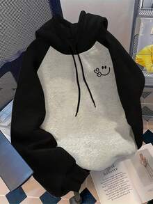 Fashionable Casual New Sweatshirt With Cute Smiling Face Print, Color Block In Black And Heather Gray - Multicolor - View 6
