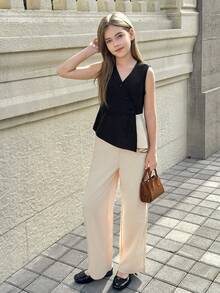 2pcs Girls Elegant Sleeveless Jumpsuit With Slit Hem, Suitable For Autumn/Winter Outdoor - Multicolor - View 2