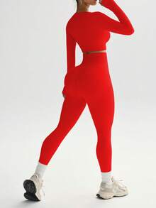 Slayform Women's Solid Color Minimalist Seamless Elastic Sports Set - Red - View 6