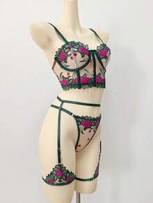 Flower Embroidery Hollow Out Sexy Lingerie Set For Going Out - Green - View 4