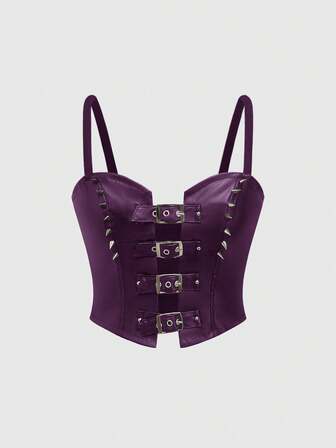 Grunge Punk Top corto con hebilla de cinturón con tachuelas para motocicleta para mujeres, XS-L