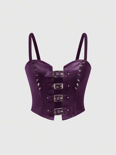 Grunge Punk Crop top da motociclista con borchie e fibbia, taglia da XS a L