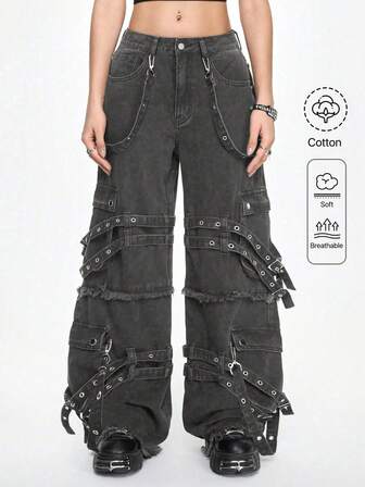 Grunge Punk Pantaloni di jeans a gamba larga da donna, stile casual punk di strada, con decorazioni in nastro e rete metallica