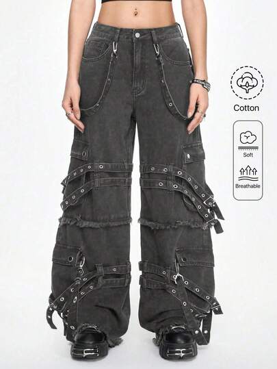 Grunge Punk Pantalon en jean à jambes larges pour femmes avec décoration de sangle métallique style punk de rue décontracté