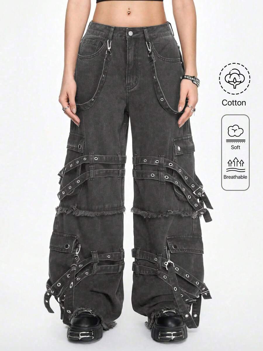 ROMWE Grunge Punk Casual Street Punk Ribbon Metal Webbing Decor Women's Wide Leg Denim Pants - Yellow - View 1