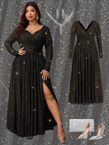 Ellevyn Vestido de manga larga con cuello de corazón, cintura ceñida y bajo con abertura brillante, talla grande - Dorado - Ver 10