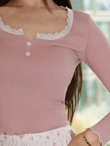 Andrea Bello Crown Print Contrast Color Lace Trim Button-Up Collar Long Sleeve Sleepwear Shirt And Long Pants Set For Women Holiday Season, Bountiful Floral Splendor, Fall Clothes  Cozy And Elegant Details - Multicolor - View 5