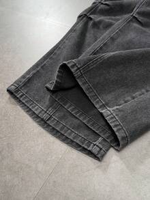 ROMWE MEN Men's Solid Color Casual Pleated Loose Straight Leg Jeans - Black - View 4