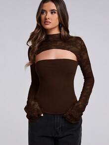 SHEIN BAE Women's Fashionable Sexy Stand Collar Lace Patchwork Sheer Chest Hollow Out Fitted Long Sleeve Top, Spring/Autumn - Coffee Brown - View 3