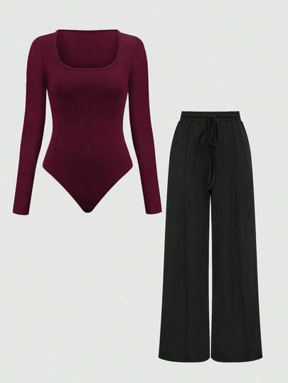 Franclia 2pcs/Set Casual Solid Color Jumpsuit And Pants