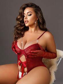 SpicyHot Đồ lót ren trong suốt xoắn dây xích trang trí cỡ lớn - Màu Đỏ Sâu - Xem 1