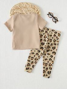 2件套女婴卡通动物印花针织柔软圆领短袖上衣和松紧腰裤套装