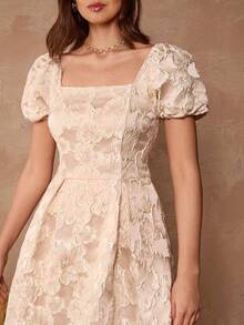 Enchnt Váy dự tiệc Maxi tay bồng cổ vuông chất liệu Jacquard thanh lịch, thắt eo cho nữ - Bụi hồng - Xem 2