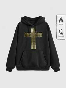 ROMWE Grunge Punk Rivet & Rhinestone Dark Cross Casual Street Punk Loose Fit Black Graphic Sweatshirt For Women - Black - View 1