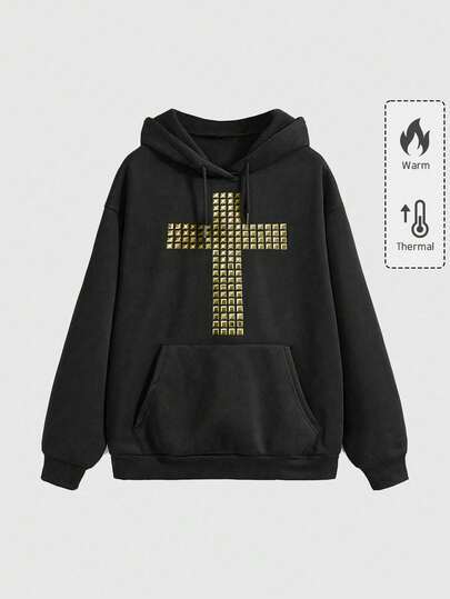 Grunge Punk Nieten & Strass Dunkel Kreuz Lässig Street Punk Loose Fit Schwarzes Grafik Sweatshirt für Frauen