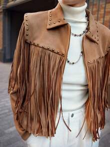 Maija 女士绒面短款开衫，带领，长袖，秋冬季款，饰有荷叶边口袋、流苏细节和撞色铆钉 - 棕色 - 查看 9