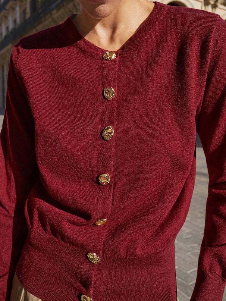 SHEIN Maija Outfit Deas For Knitwear,Women's Casual Versatile Solid Color Cardigan Women Thin Cardigan Burgundy Cardigan Dark Red Cardigan Button Up Cardigan,Festival Outfits For Women ,Spring Outfit Women