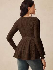 Boho Mama Maternity V-Neck Cable Knot Design Fashionable Versatile Long Sleeve T-Shirt - Brown - View 2