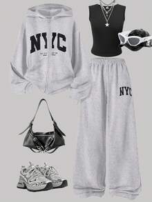 SHEIN ChillGRL 3pcs Set: Teenage Girls' Fashion Versatile Hooded Long Sleeve Jacket, Knit Fabric Letter Graphic Zip-Up Sweatshirt + Solid Black Simple Style Tank Top + Elastic Waist Straight Pants, Girls' Casual Autumn Outfit