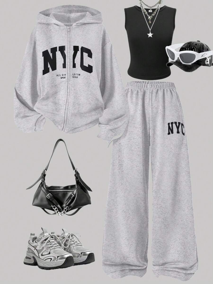 SHEIN ChillGRL 3pcs Set: Teenage Girls' Fashion Versatile Hooded Long Sleeve Jacket, Knit Fabric Letter Graphic Zip-Up Sweatshirt + Solid Black Simple Style Tank Top + Elastic Waist Straight Pants, Girls' Casual Autumn Outfit