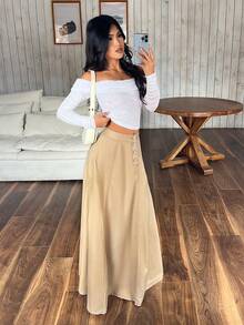 SHEIN PETITE 女款高腰前扣休閒與職場牛仔裙，適合嬌小女性 - 卡其色 - 查看 1